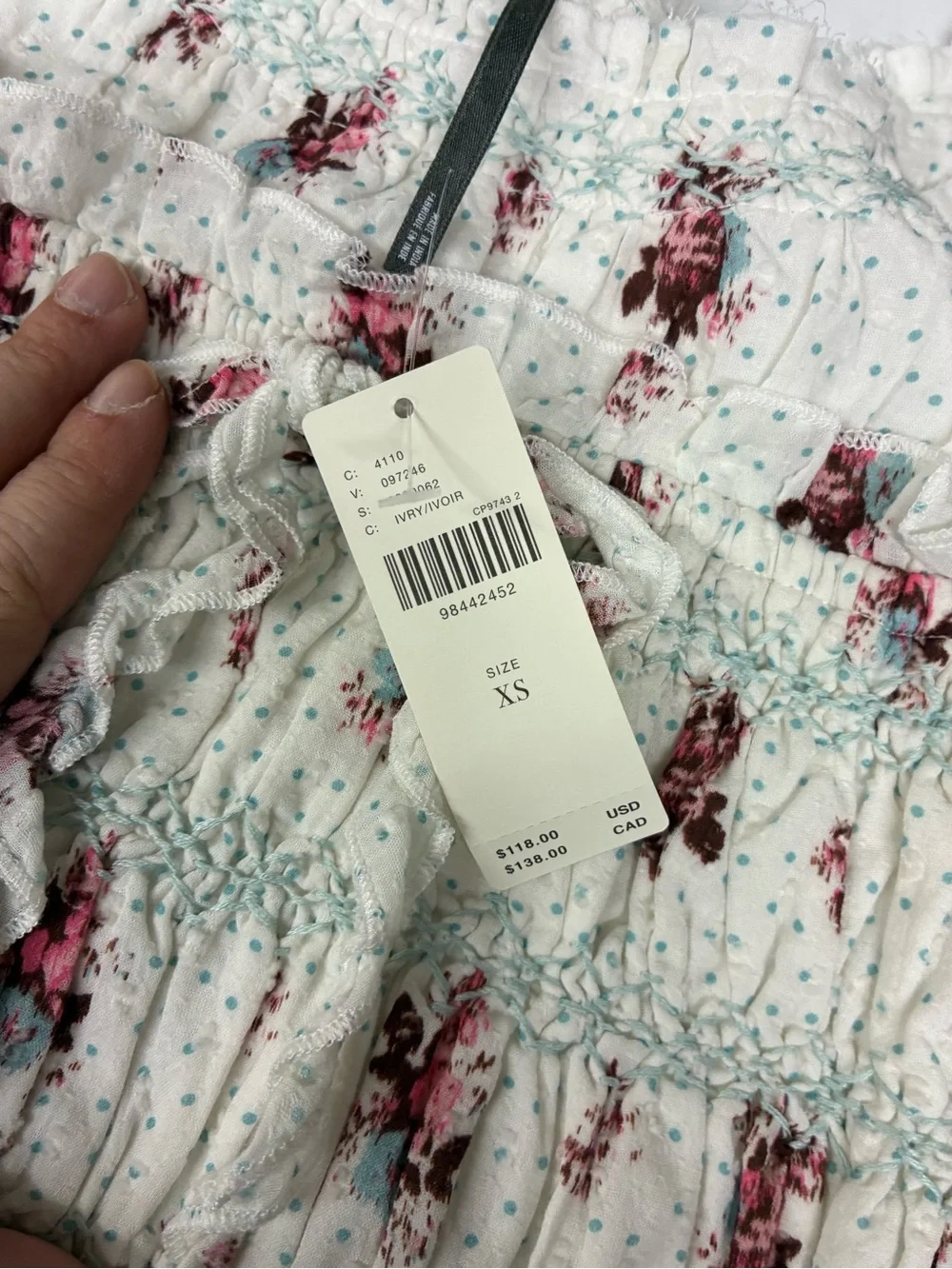 Anthropologie White Floral Smocked Peasant Blouse with Pink Flowers